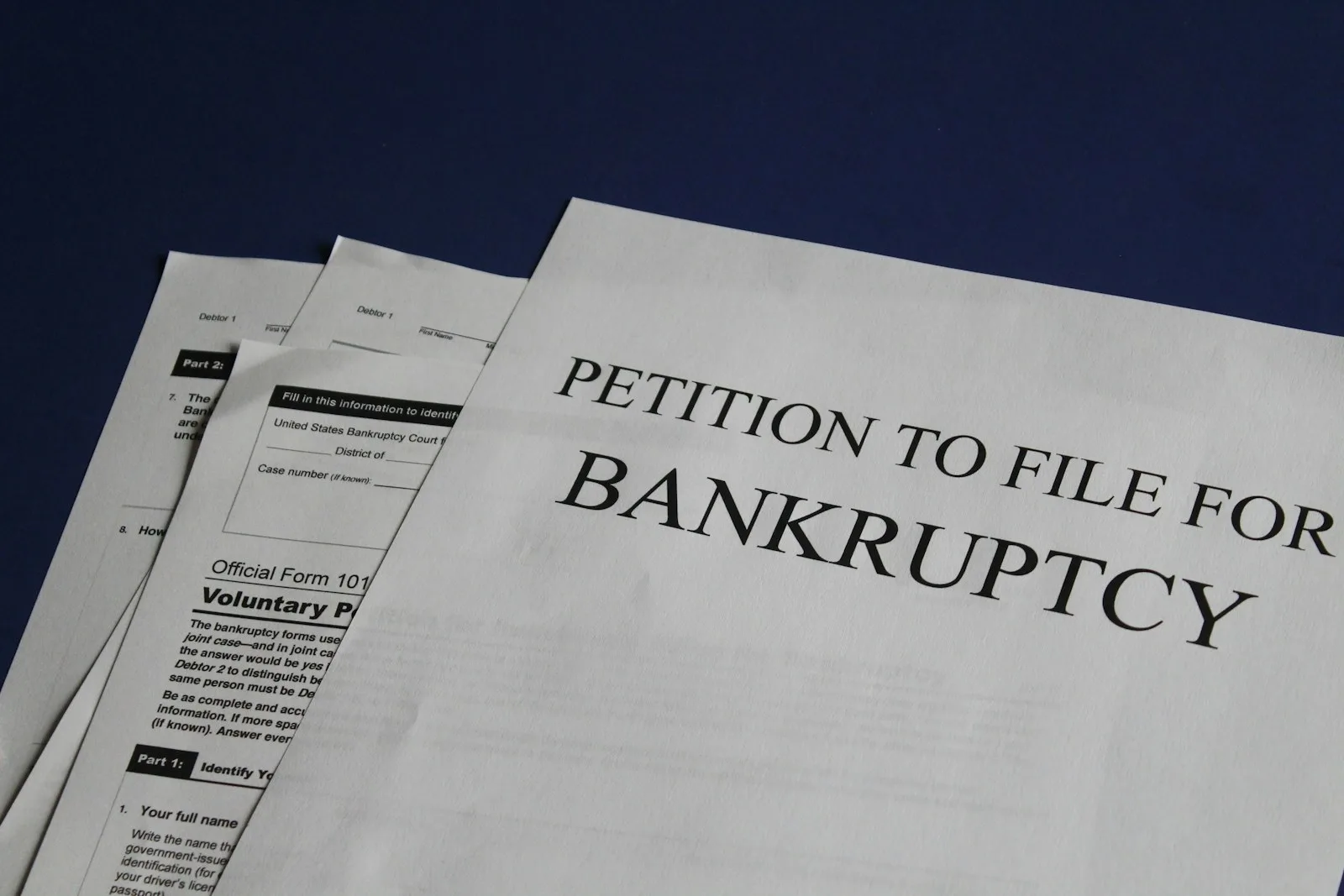 Photo of documents for filing bankruptcy