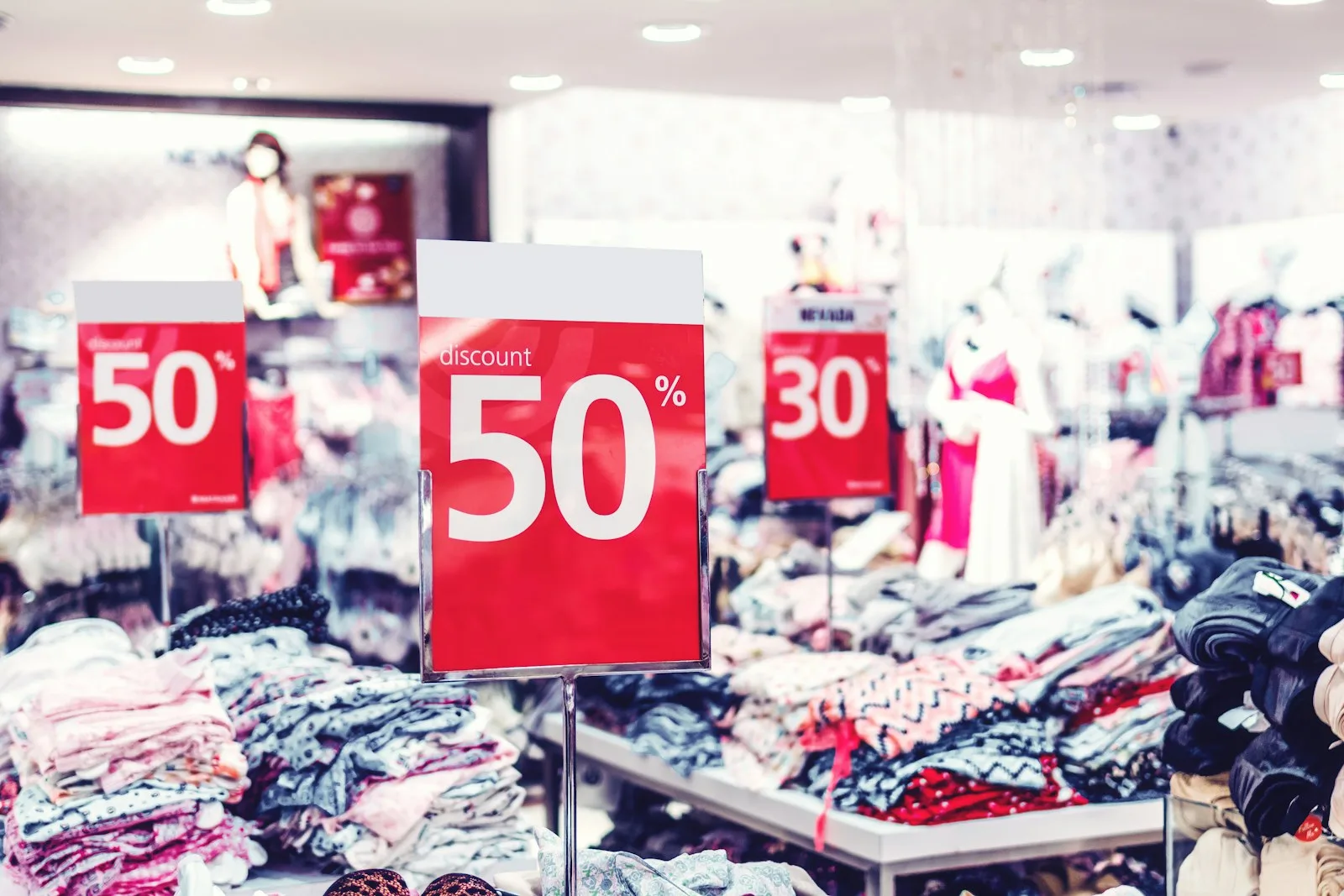 Photo of a store running on sale with huge discounts on multiple products.