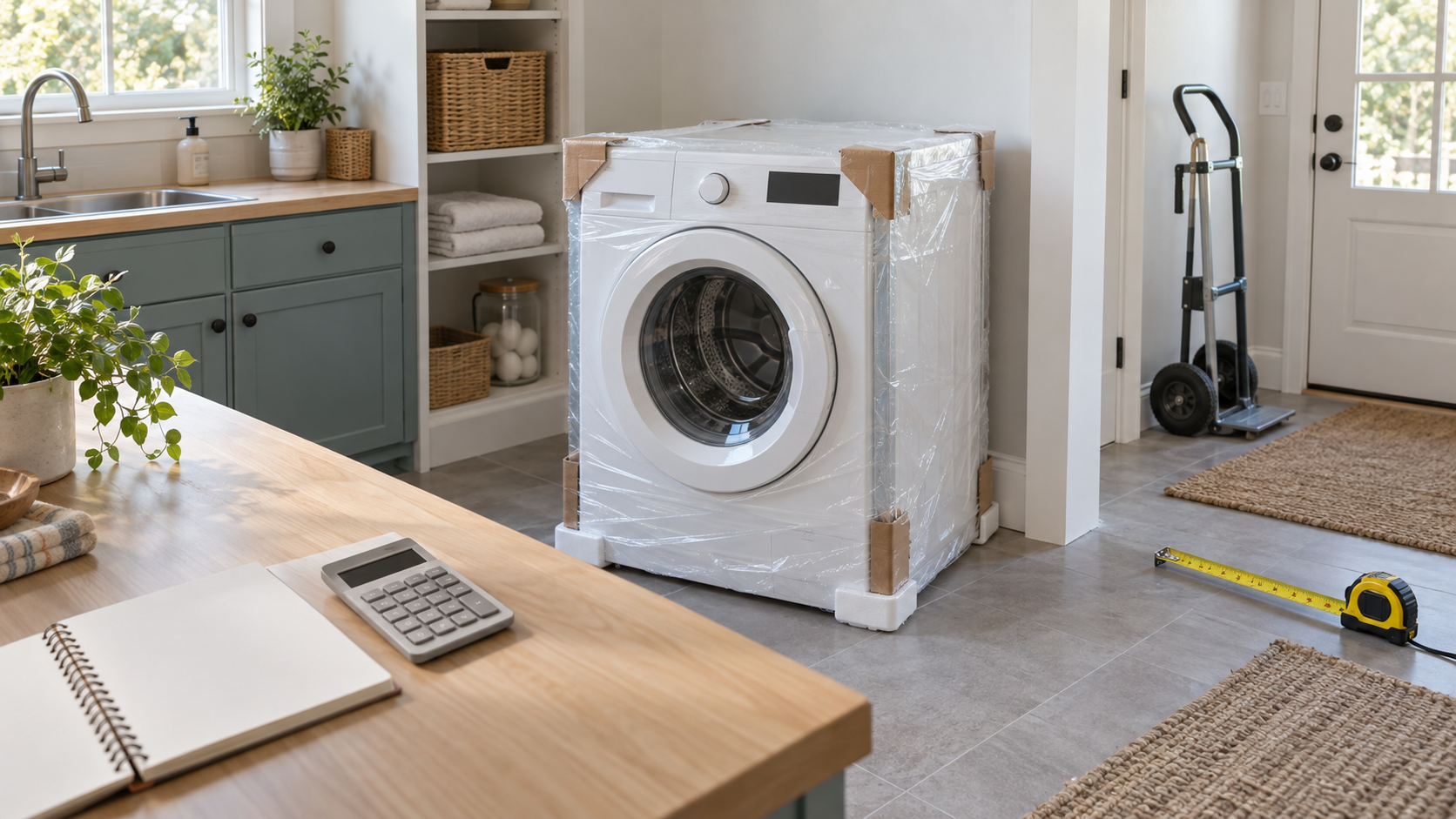 Unbranded washing machine in protective packing beside a measuring tape, blank notebook, and calculator in a bright laundry room