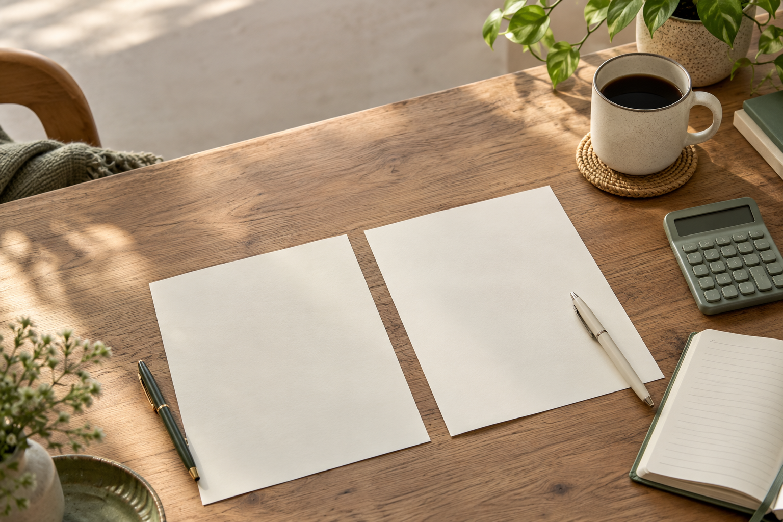 Two blank loan documents, pens, a calculator, and a budget notebook on a sunlit desk