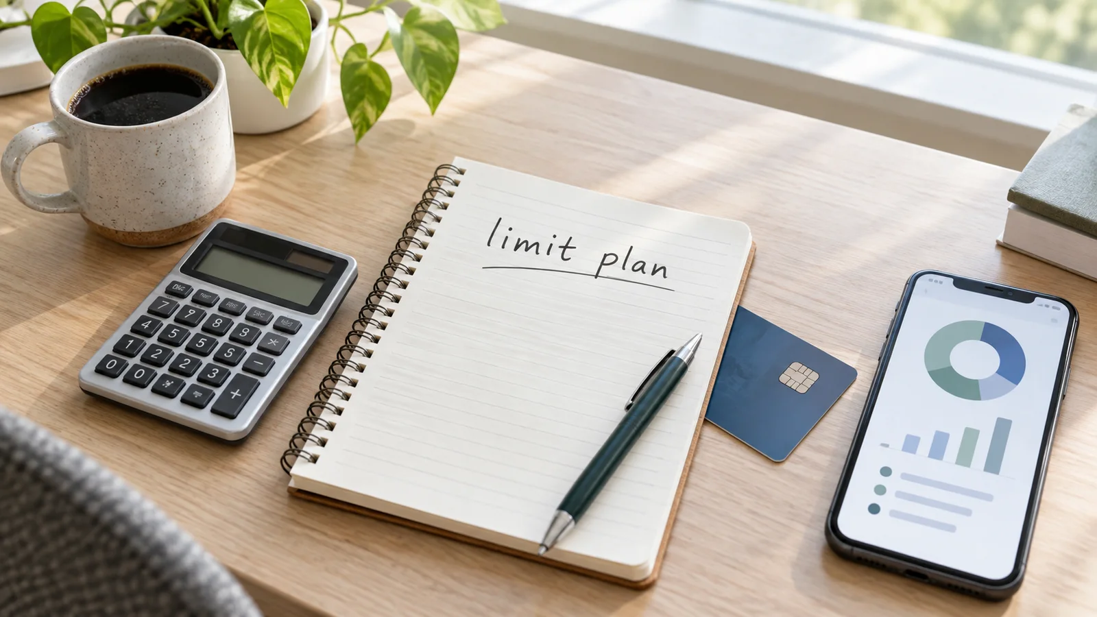 Notebook labeled limit plan beside a calculator, generic credit card, and phone with a simple spending chart on a bright desk