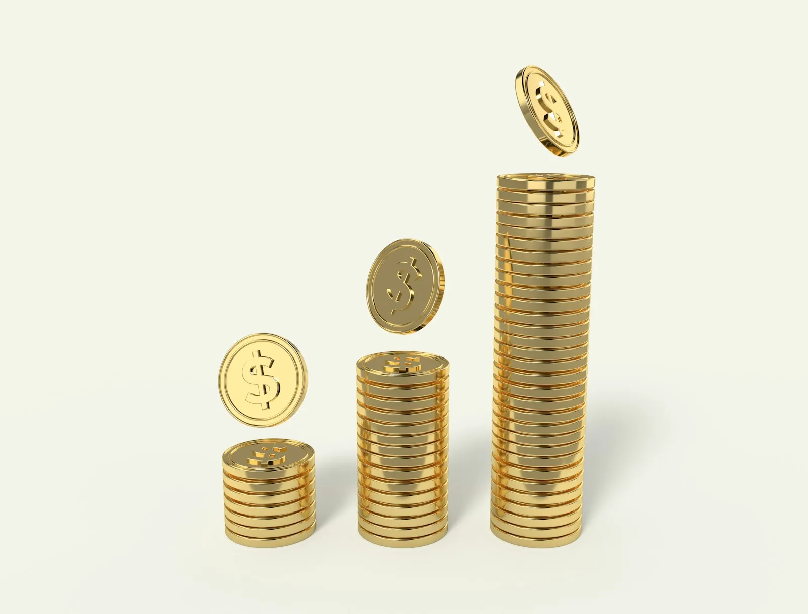 Coins growing in height from left to right, as a sign of growth in money