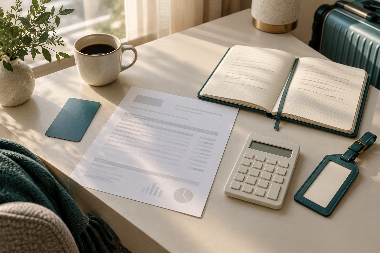 Hotel room key beside a blank card statement, calculator, travel notebook, and luggage tag on a desk
