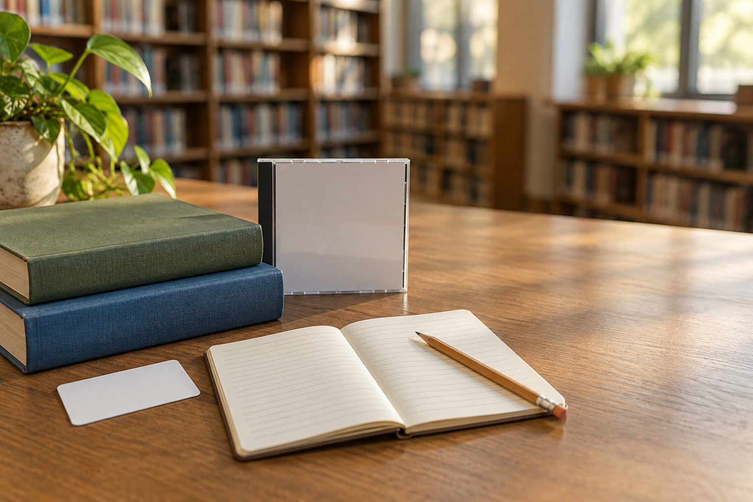 Stacked books, a blank card and media case beside an open lined notebook and pencil on a wooden library table