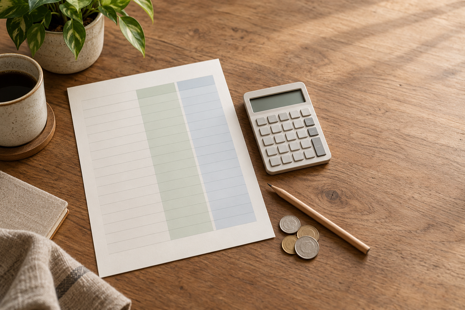 Unbranded loan payment worksheet beside a calculator, pencil, and coins on a warm wooden desk
