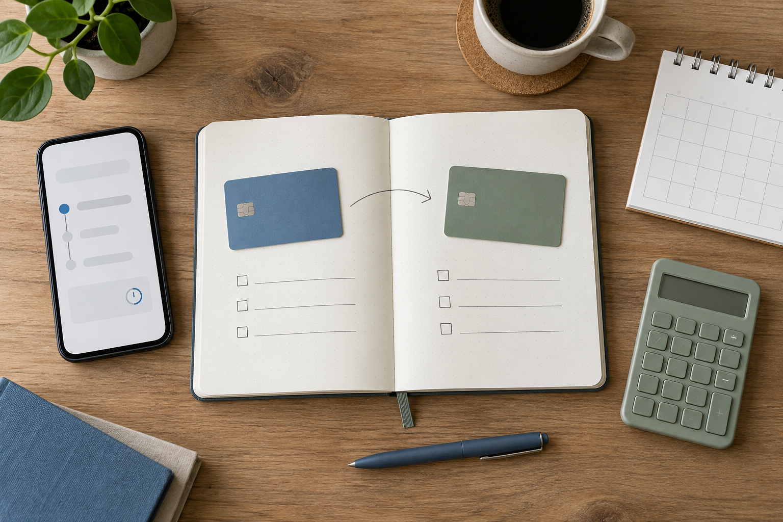 Two unbranded bank account cards beside a notebook transfer checklist, calculator, calendar, and phone on a tidy desk