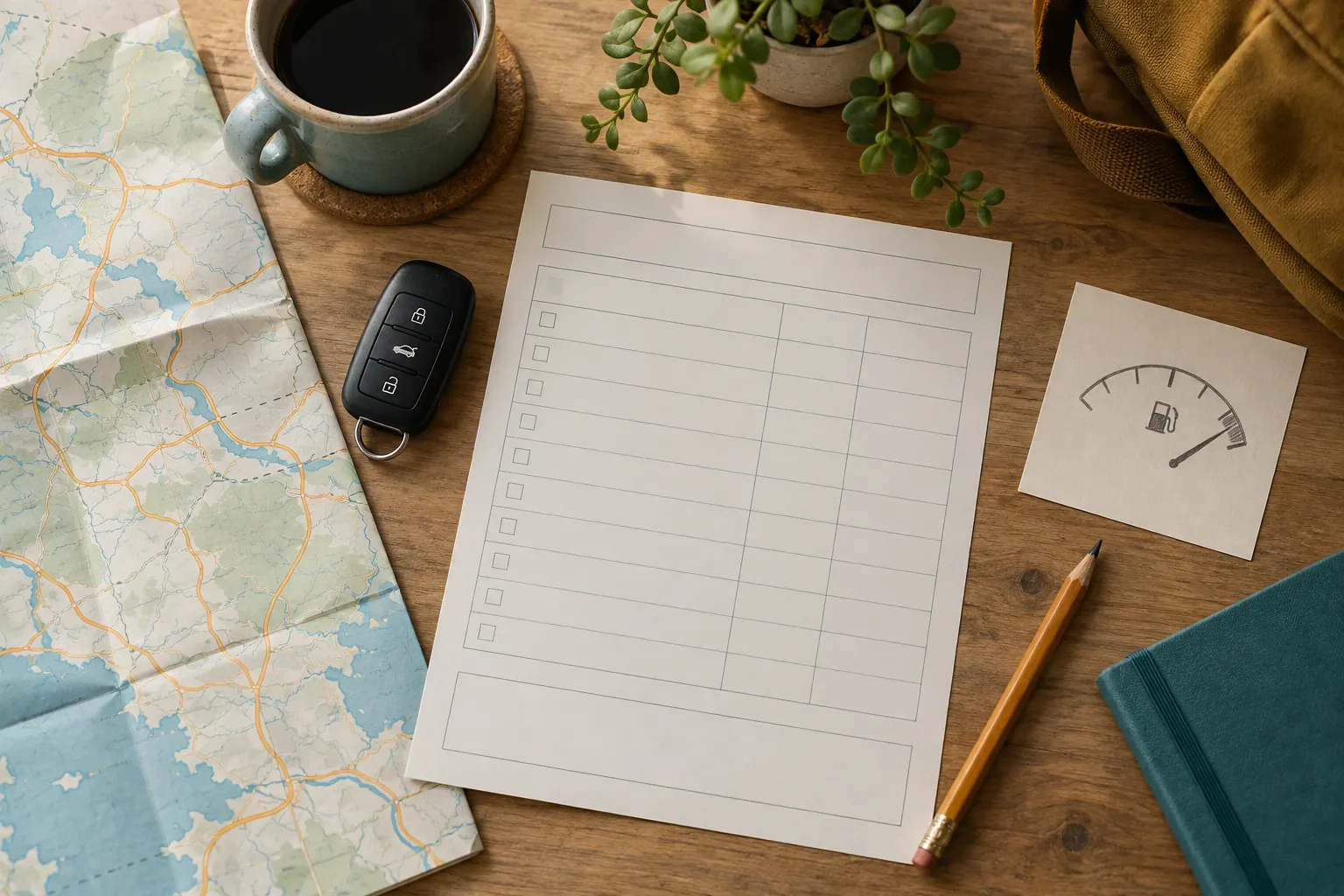 Unbranded rental car key beside a blank trip-cost worksheet, road map, pencil, and fuel gauge sketch
