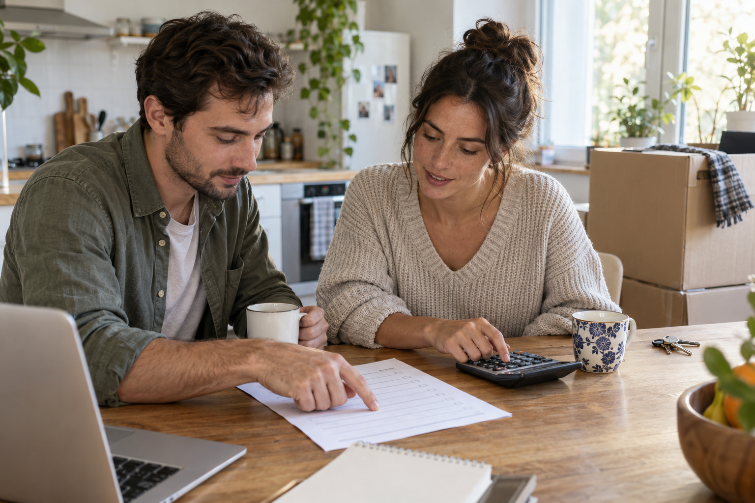 Two roommates reviewing a paper bill checklist and calculator at a kitchen table beside moving boxes and apartment keys