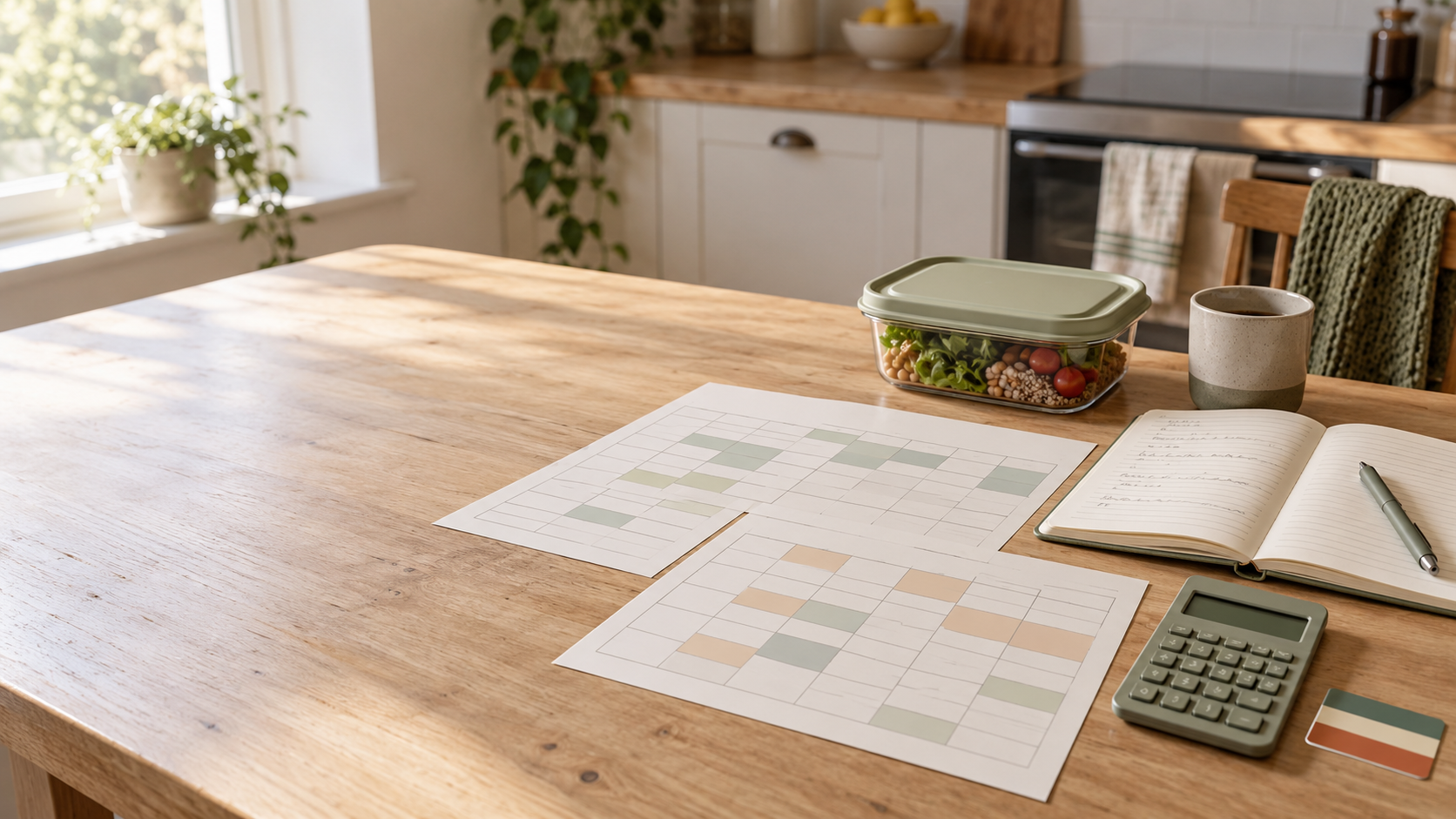 Two blank work schedules beside a calculator, lunch container, card, and open budget notebook on a kitchen table