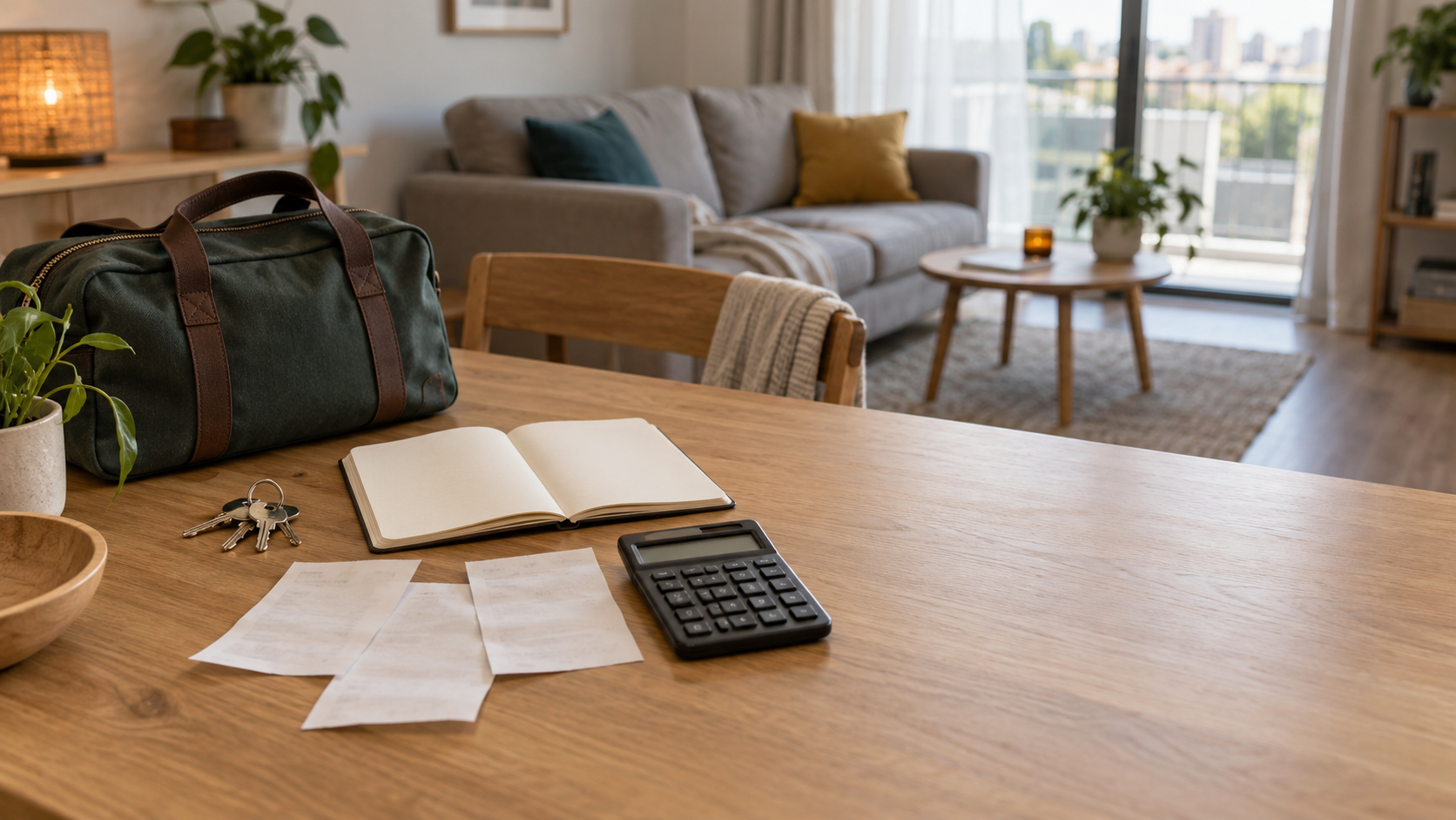 Overnight bag, house keys, blank notebook, receipts, and calculator on a table in a modest short-stay apartment