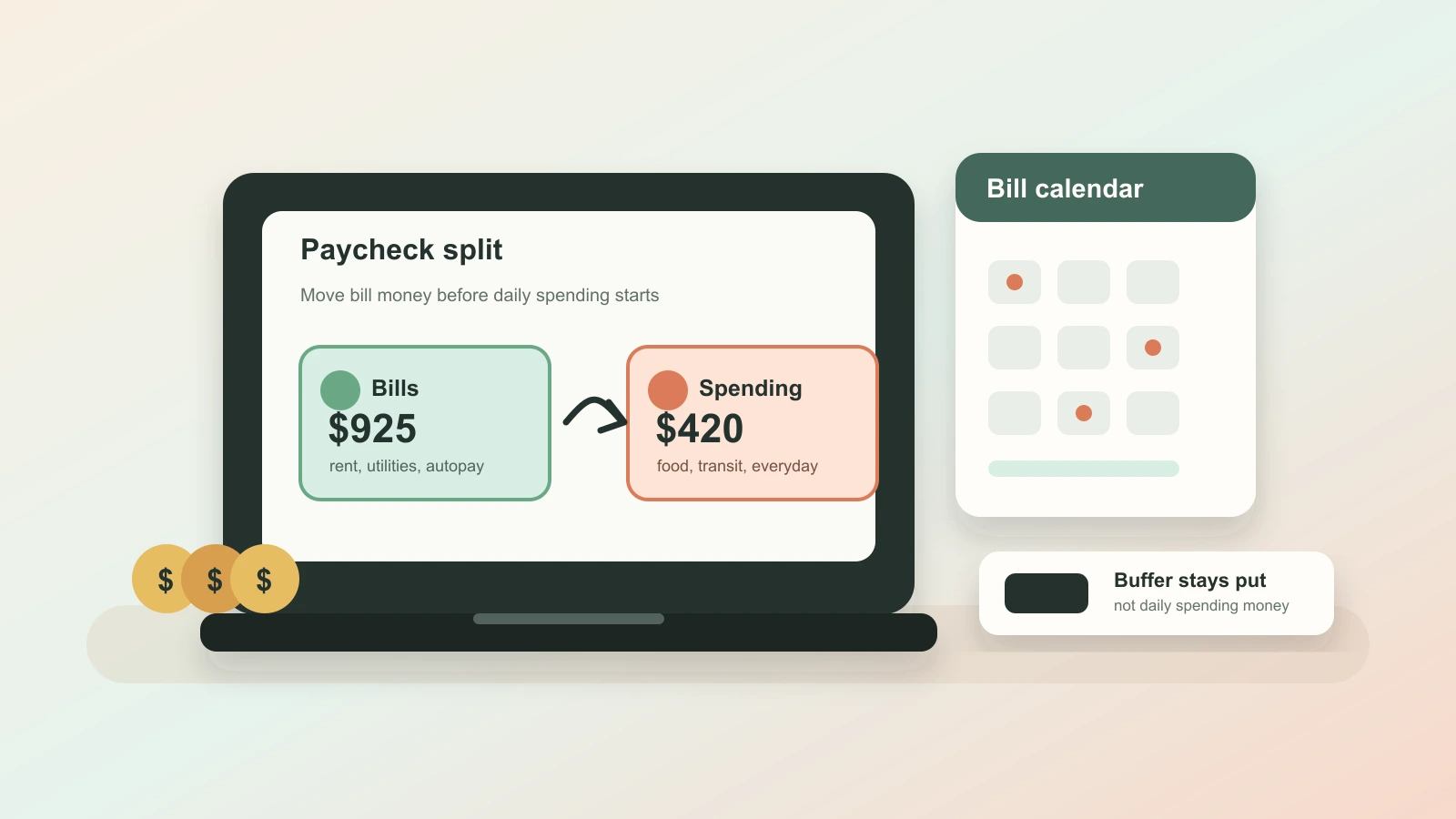 Two labeled checking accounts shown on a laptop beside a calendar, bills, and a small stack of coins