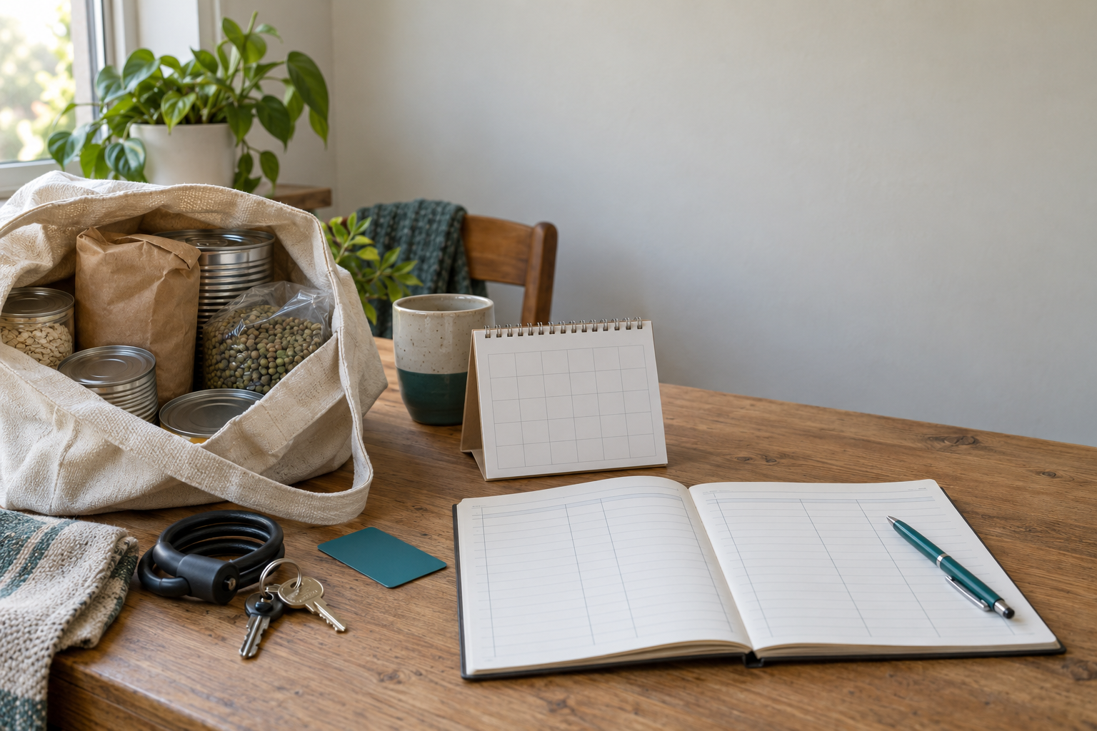 Volunteer supplies in a tote beside a transit card, keys, blank calendar, and budgeting notebook on a desk